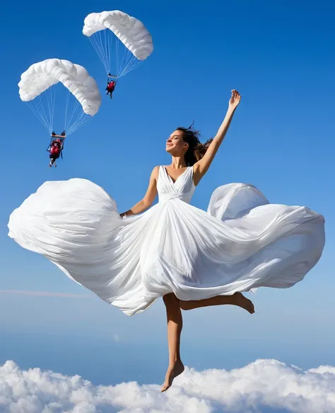 Femme avec de nombreuses couches de vêtements. Sa robe se déploit quand elle tombe du ciel pour faire parachute.