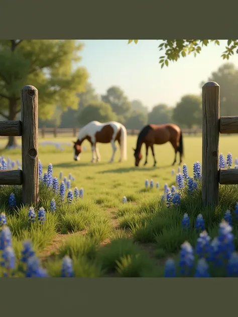 a pature fence with round wood post that is four foot tall.  the landscape will grass covered with small patches of bluebonnets throughout. Include horses in the picture behind the fence. 