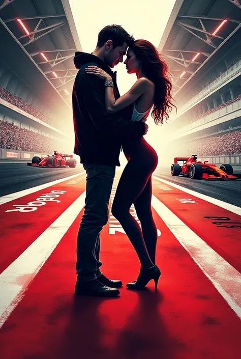 Book cover to romance about F1. Colors red. Couple on grid. With title: The race changer. Autor: Maria Karnas Subtitle: Tylko ona może odmienić losy tej gry.