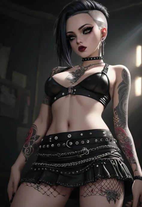 a sexy punk girl with a shaved vulva, nipple piercings, and a visible anus, wearing a mini-skirt, 1girl, detailed face, beautiful detailed eyes, beautiful detailed lips, extremely detailed eyes and face, long eyelashes, shaved vulva, nipple piercings, visi...