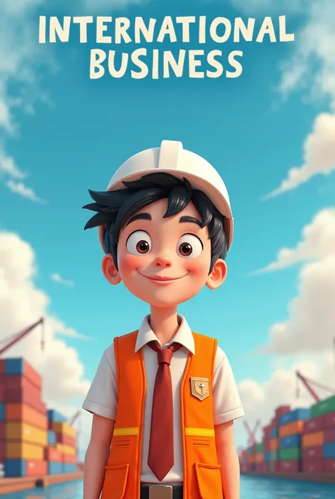 Hello, I want a picture of a cute international businessman, young, Happy and smiling,with big eyes and short hair, Studio Ghibli themed. In the background there is a blue circular watercolor with clouds, the port in the background with containers and a te...