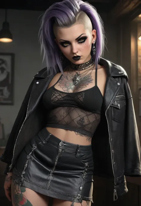 a sexy punk girl with a shaved vulva, nipple piercings, and a visible anus, wearing a mini-skirt, 1girl, detailed face, beautiful detailed eyes, beautiful detailed lips, extremely detailed eyes and face, long eyelashes, shaved vulva, nipple piercings, visi...