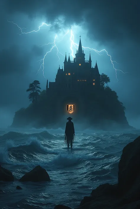 night, there is a lightning storm in the ocean. there is an island in the middle of the ocean, there is a big house with a black scarecrow on the island. And on the entrance of the house there is big logo of fulham football club