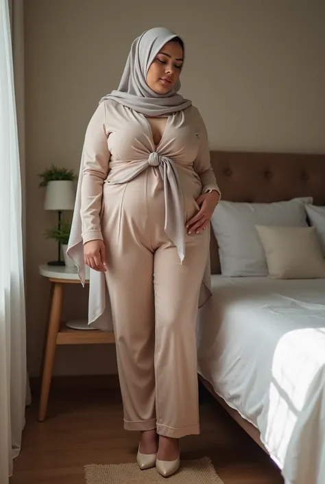 aunty arab hijab chubby body naked big round breasts white skin beautiful very charming wearing high heels in the room near the bed