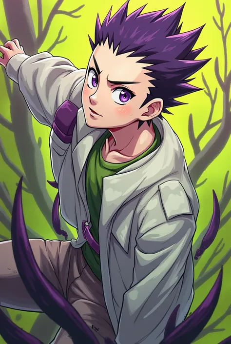 Make an art in the style of this image for the character Gon from Hunter x Hunter in purple colors and green clothes.