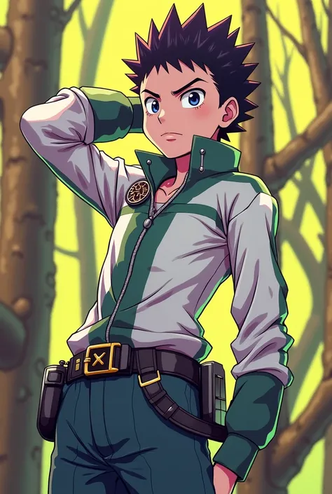 Make an art in the style of this image for the character Gon from Hunter x Hunter in purple colors and green clothes.