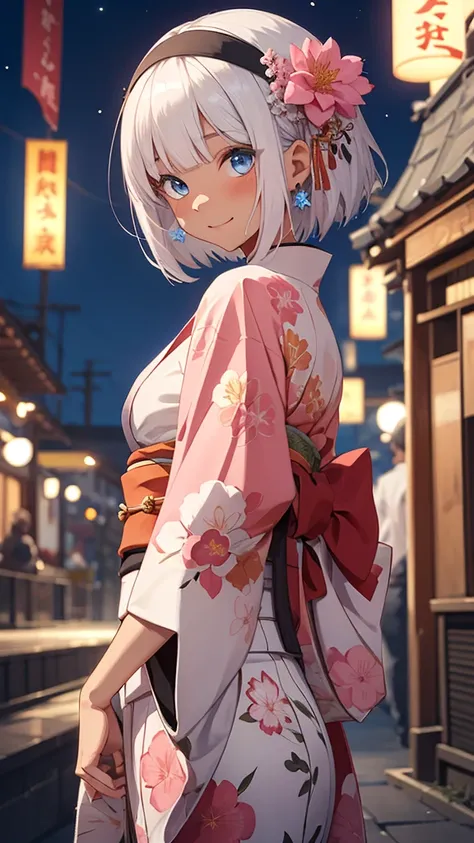 Highest quality、masterpiece、a girl、独奏, Beautiful silver hair、((((Very short hair))))、Blue eyes、(hair band)、((Blunt bangs)), ((Medium Chest)), 24-years-old, (tsurime), Tight waist, slender、Small Ass、Anime Style、Natural smile、Very cute face、 sexy pose, bewit...