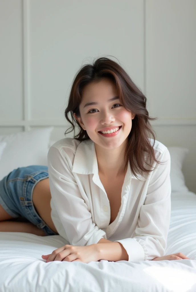 brunette, smile, physique: smallest belly ever, flat chest, skinny face, white wall, no decoration, jean shorts, white shirt, lying on bed, looking smiling at camera
