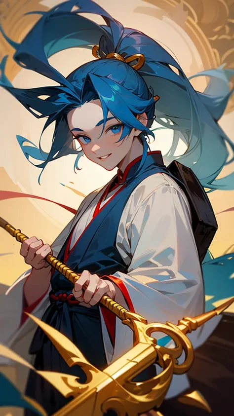 1 tall young man, holding a golden trident, long blue hair, bangs, traditional Chinese hairstyle, gathered hair, high ponytail, China, blue eyes, white skin, high forehead, straight nose, plump lips, smile, long hair, blue hanfu