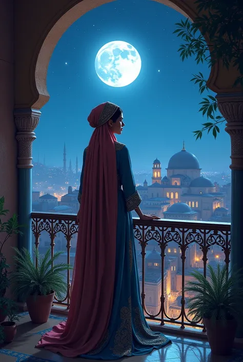 A moroccan princess on balcony at midnight