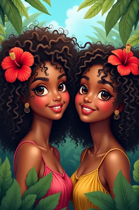 two brown skin girls with hibiscus in their curly hair