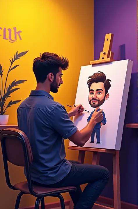 Take a man drawing a caricatured man drawing a portrait on the Canvas from back view and make the typography beside about the venu and all and make sure that background has mostly yellow and purple colour