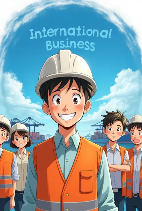 Hello, I want a picture of a cute international businessman, young, Happy and smiling,with big eyes and short hair, Studio Ghibli themed. In the background there is a blue circular watercolor with clouds, the port in the background with containers and a te...