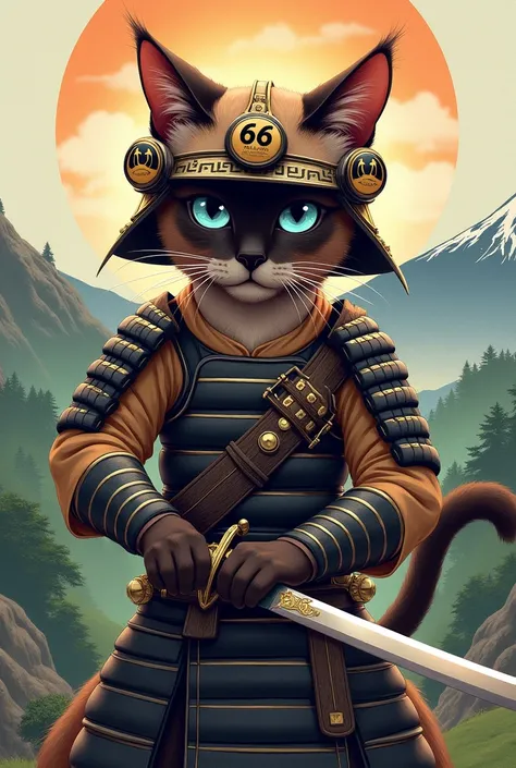 Siamese samurai cat with number 66 wearing helmet