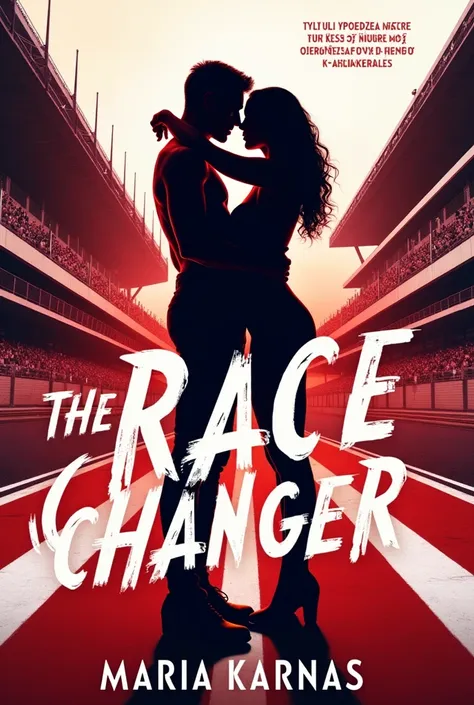 Book cover to romance about F1. Colors red. Couple on grid. With title: The race changer. Autor: Maria Karnas Subtitle: Tylko ona może odmienić losy tej gry.