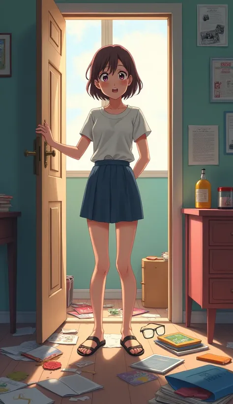 An anime image of a young woman with short brown hair opening the door to her dorm room to find a mess inside. Items are scattered all over the floor and the door is open. Amidst the mess, a pair of glasses are found on the floor. The young woman begins to...