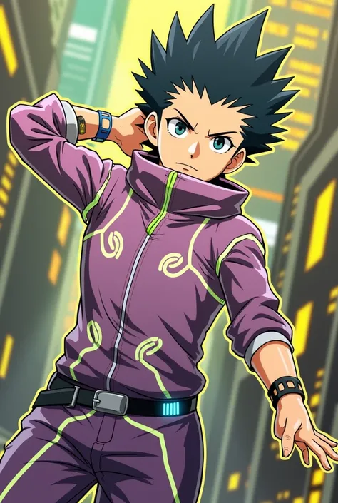 Make an art in the style of this image for the character Gon from Hunter x Hunter in purple colors and green cyberpunk clothes.