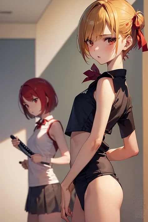 masterpiece, best quality,anime style, 1 girl,(((slender body))), (((small eyes))),(((tennis uniform,red hair ribbon))), (beautiful face), (((short hair))), (((straight hair))), ((((blonde hair)))),detailed beautiful skin, (perfect hands, perfect anatomy),...