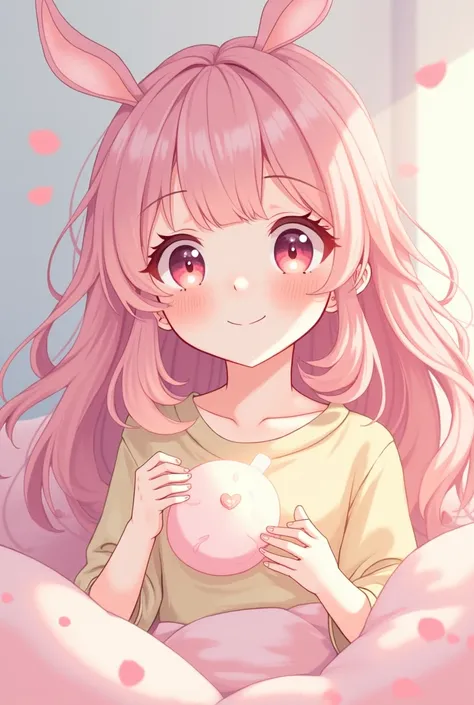 Create a 2d image of a cute anime girl smiling with pastel pink hair doing asmr 