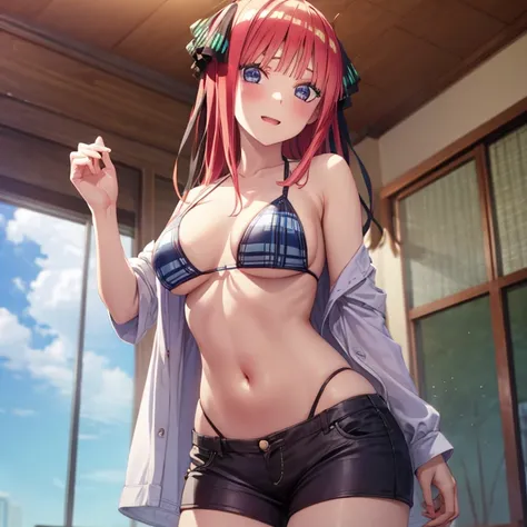 best quality, insanely detailed, nino nakano, breasts, blush, bedroom background, looking at viewer, cheerful eyes, arousal, bikini tops, tankini, short pants swimwear bottoms