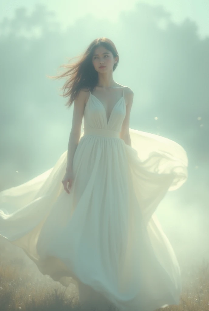 A blurred vision of a woman in a covered white dress. The feel and aesthetics of the image should showcase a dream-like state. The face is also slightly blurred. It catches the feeling of meeting someone in a dream.