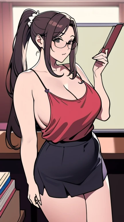 detailed face, girl、low-ponytails、red blush, blouse, blouse, shoulder, arm, side boob, teacher,  Super big breasts、perfect-composition、top-quality、ultra-detailliert、​masterpiece、realisitic、Full Body Standing, glasses, books, front class, white board, cleav...