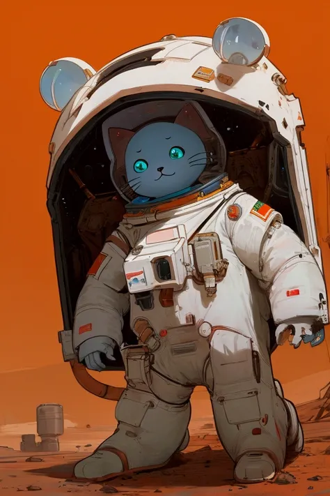 A panicked astronaut cat alone on Mars with abandoned scientific cockpits.