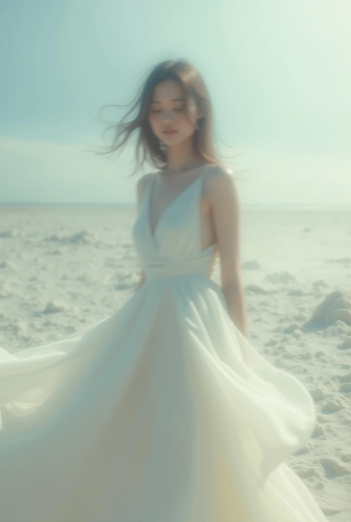 A blurred vision of a woman in a covered white dress. The feel and aesthetics of the image should showcase a dream-like state. The face is also slightly blurred. It catches the feeling of meeting someone in a dream. Make the picture canvas divided into thr...