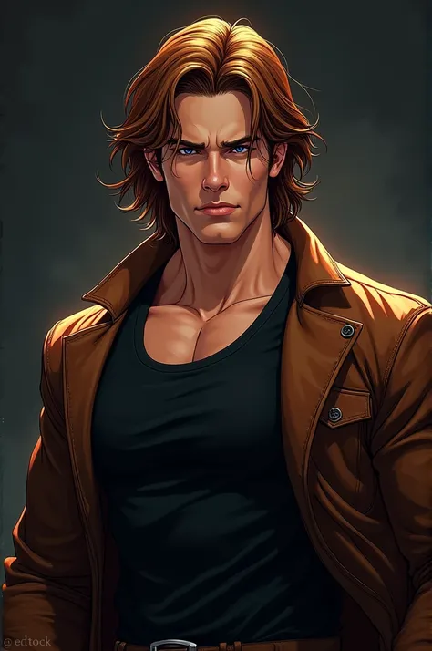 A man with long hair, blue eyes, fair skin, a black tank top and leather jacket. Drawing in the Marvel comic book style.