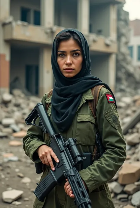 Hyper realistic photo of a very beautiful Palestinian woman wearing a hijab in army clothing holding a weapon against the background of a building that collapsed due to a bomb. The photo is very clear and finely detailed