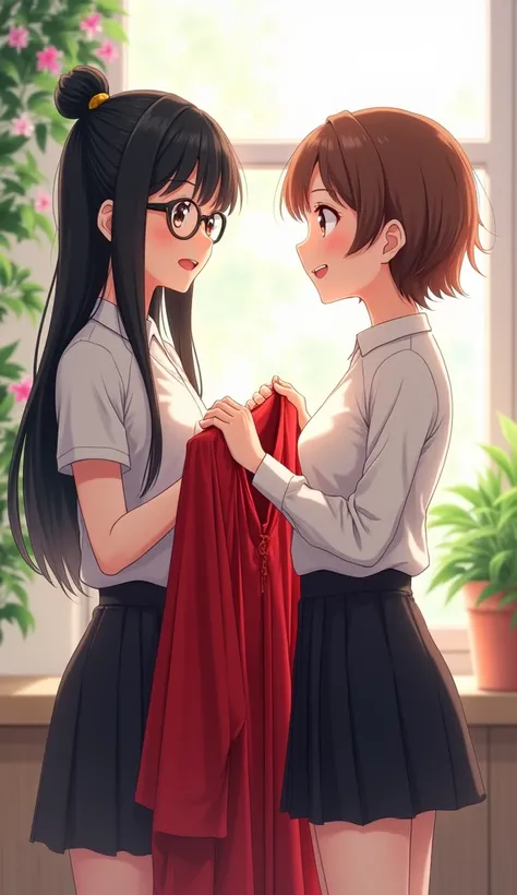 Anime images "Two girls are standing in a student dormitory, facing each other and talking. The room is brightly lit by the light from the window. The background is decorated with beautifully arranged leaves and flowers, adding to the bright and lovely atm...