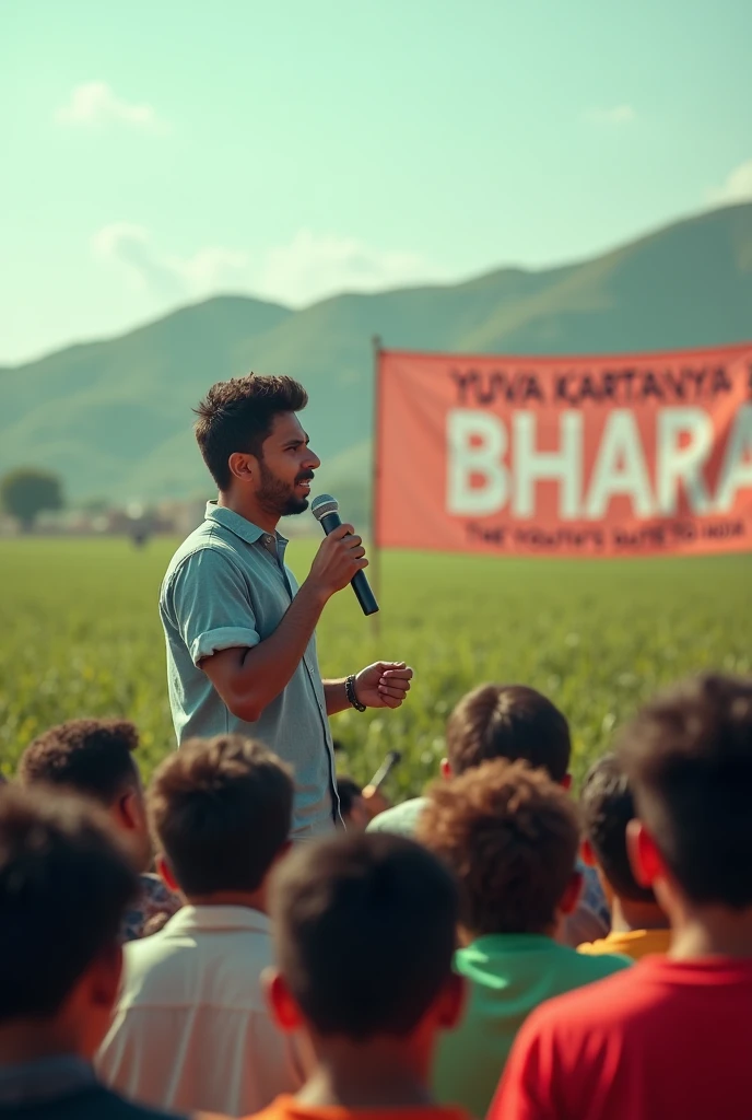 In a big field in India, a young leader is giving a speech in mic Display it in bold letters on a banner behind the person giving the speech YUVA KARTAVYA BHARAT 