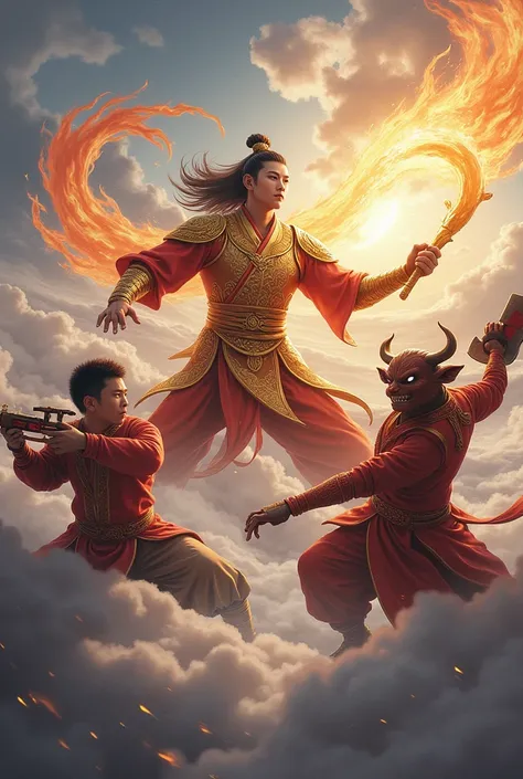 The style is Chinese style，Center of screen，Sun Wukong is dressed in gold armor，Holding a golden hoop rod，Stand above the clouds，Eyes widened，Facing Red Boy and Bull Demon King below with great momentum，Red Boy holding a flame gun，The Bull Demon King swung...