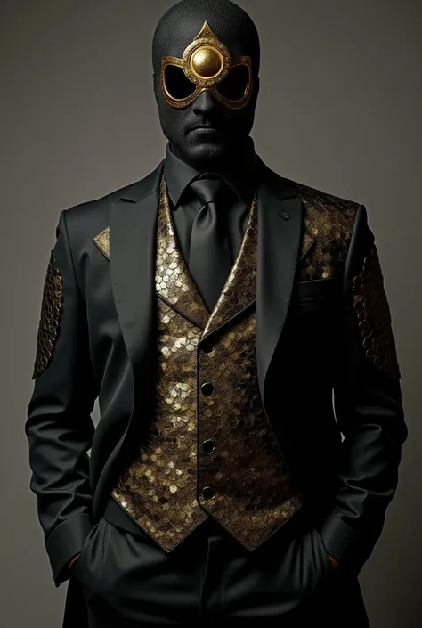 A full-body image of a man wearing a black suit, a tie and a black mask. The mask has a golden scale symbol printed on it. The suit also features a large golden scale design that starts at the beginning of the stomach area and extends outward. The scale’s ...