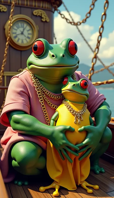 Muscle frogs wearing sleeveless pink shirts and gold chains sit on a large ark, holding smaller frogs in a banana-colored cloth. The big frog has red eyes and a strong expression, while the little frog wearing a leisure dress with lots of chains looks reli...