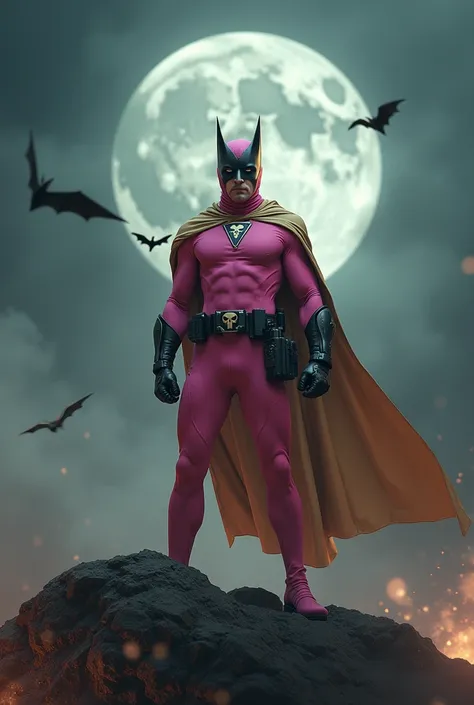 high-tech suit, vivid effects, malaysian superhero (KELUANG MAN) in a striking pink and beige costume cyberpunk design, mask small mini bat ear beige, daredevil biage mask, jumpsuit dark pink stands confidently in a dramatic, stormy landscape. ((Head cover...