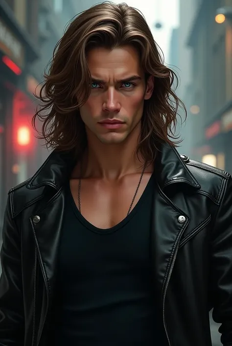 A man With long brown hair, blue eyes, fair skin, Without being muscular, a black tank top and black leather jacket. Drawing in the Marvel comic book style.