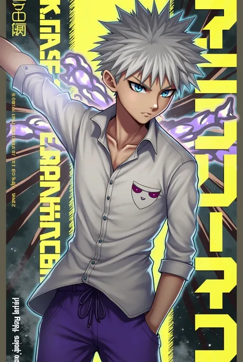 Make an art in the style of this image for the character Kilua from Hunter x Hunter in purple colors, white shirt and purple shorts, blue rays 