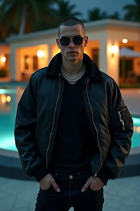 Men 2 white skin European 1.83 height 60kg very very short army hairstyle without beard bad boy confidence biggest gangster in town baby face wearing a black VERSACE bomber leather jacket black BOSS tshirt silver necklace without earrings black realistic D...