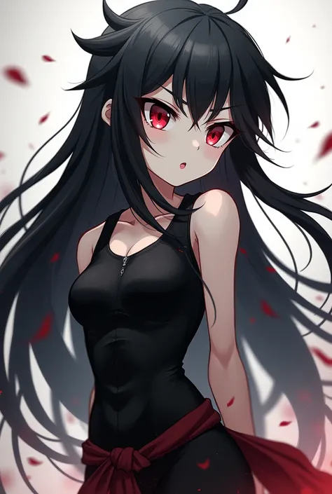 Child girl anime with spiky black long hair  and eyes red,her clothes is black  she have personality agressive,and physical athletic,no breast she have white skin