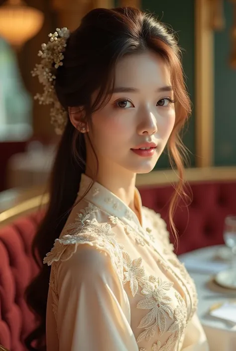 Create a Korean woman with long brown hair wearing a fine and elegant outfit in a refined restaurant with gold details