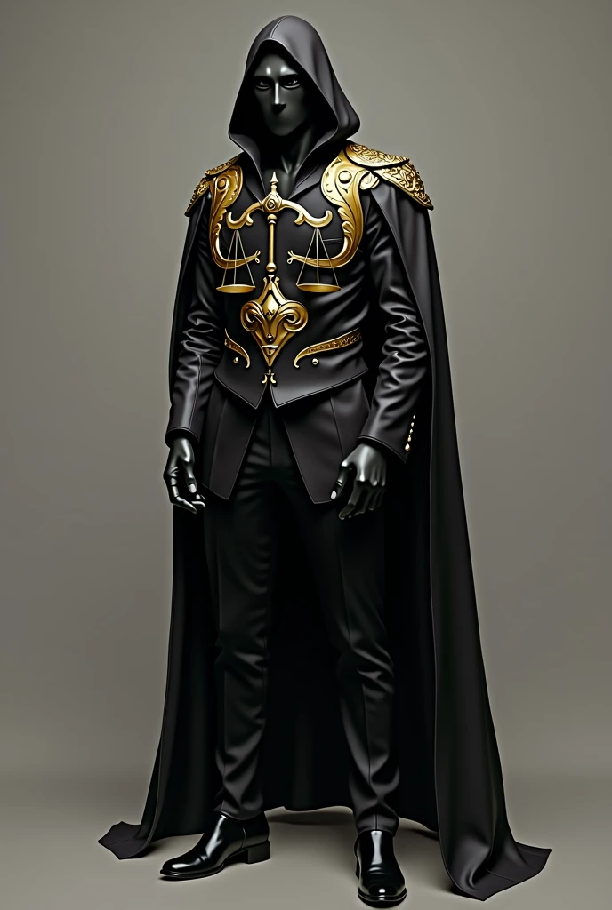 A full-body image of a man wearing a black suit and a black mask. The mask has a golden scale symbol printed on it. The suit also features a large golden scale design that starts at the beginning of the stomach area and extends outward. The scale’s plates ...