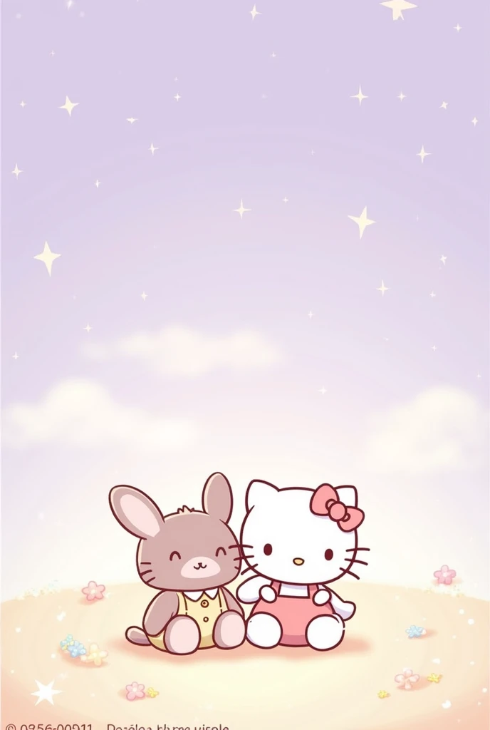 Crea una imagen de fondo morado claro with estrellas, with: pochacco, cinamoroll and hello kitty from sario together