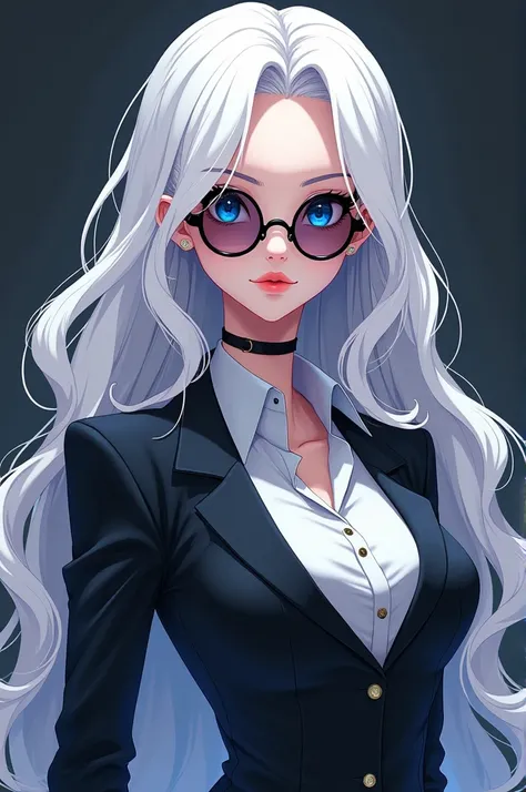  of anime,has white hair,longos e ondulados,her eyes are bright blue and her eyelashes are white. She wears small, round sunglasses and has thick lips.. She wears a women&#39;s suit