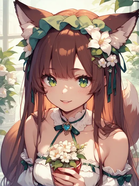 1 person，(Giant fox tail)，Brown Hair，Green Eyes，Small flower head dress，C cup, Succubus&#39; Smile，Looking from bottom to top