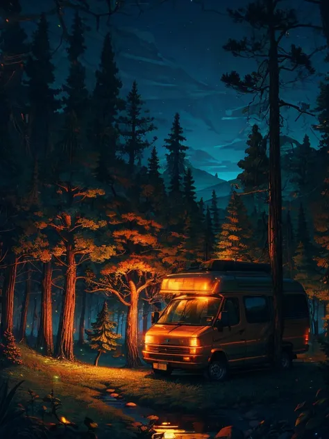 night scence, peaceful, tranquil. tree, van, firefly, light, 