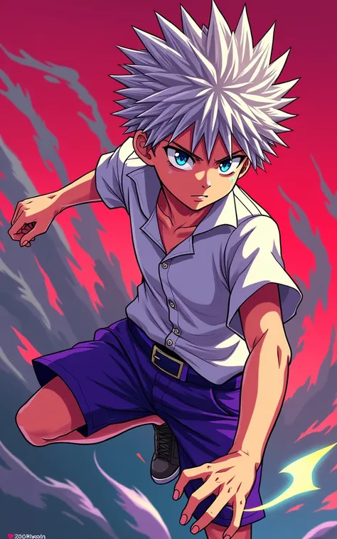 Make an art in the style of this image for the character Kilua from Hunter x Hunter in purple colors, white shirt and purple shorts.