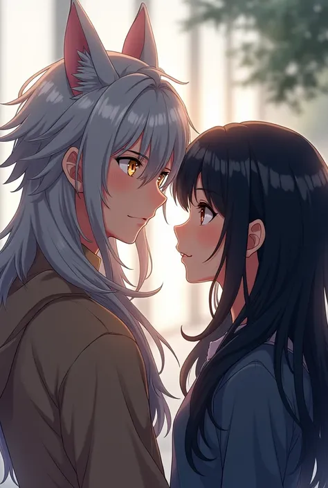 An anime boy with long silver hair with cat ears and golden eyes appears and a girl with very long black hair and bangs similar to Hinata Hyuga with brown eyes, With modern casual clothes, the couple looks 20 years old each. 