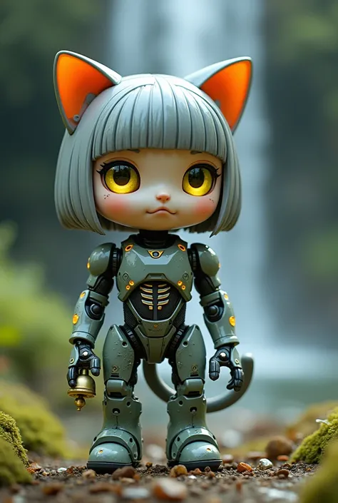 score_9, robot 행운, 1 woman, alone, yellow eyes, There are no humans, android, robot, robot joints, joints, humanoid robot, colored skin, bell, bob cut, Short hair, gray hair, tail, cat ears, pouch, nippers, belt pouch, looking at viewer, medium chest, outd...