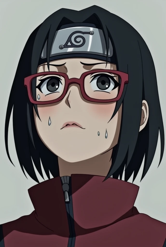 Sarada (a female character from boruto who has a shot hair neck with bangs pushed aside, black eyes, wear headband konoha ninja on her forehead, and using a red glasses) looking up to the sky while shedding tears, looking so sad and cry (make the draw with...